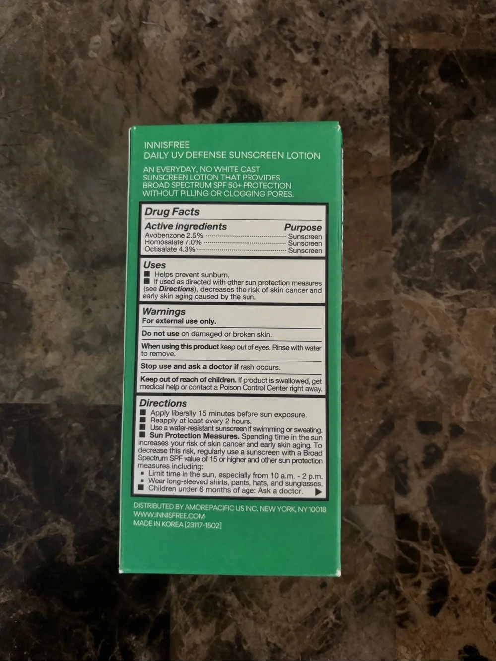 Innisfree Daily UV Defense Sunscreen Lotion 1.69 fl oz SPF 50 Exp 3/28 Face New